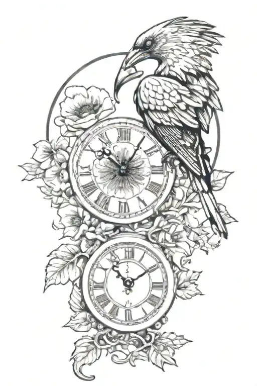 a remembrance tattoo, with a raven on a branch, a heart shaped clock, poppy flowers and a sky background with moon and c tattoo design idea
