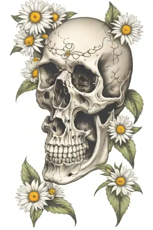 Skull laying with daisies growing tattoo design idea
