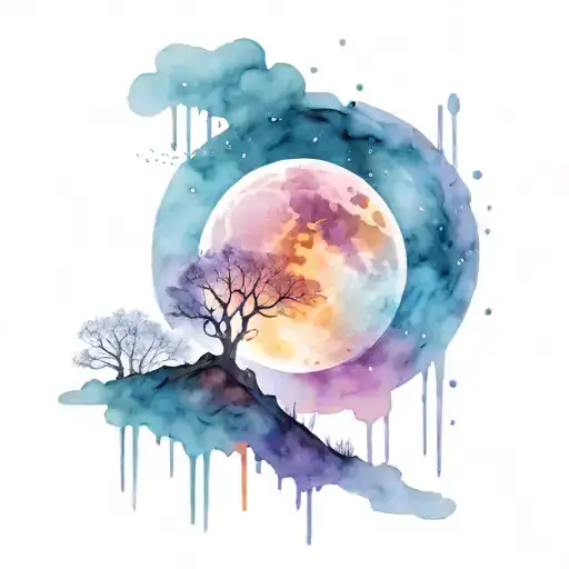Full moon, blue and purple, dripping upside down. tattoo design idea