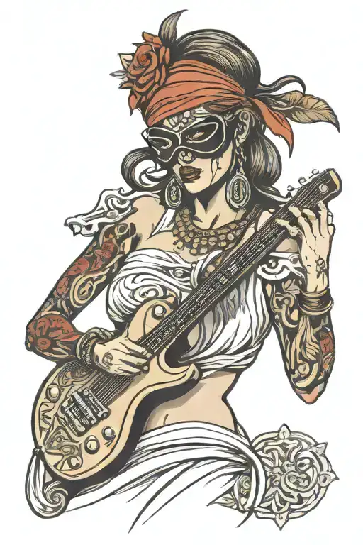 Greek style blindfolded woman with electric guitar tattoo design idea