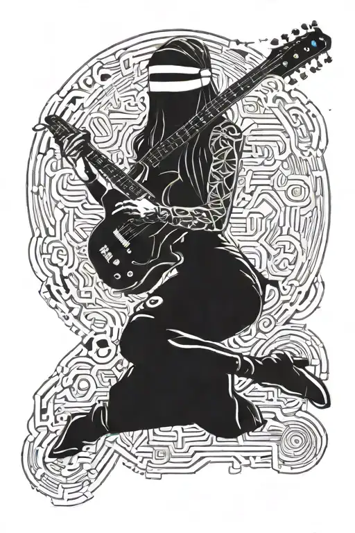 Blindfolded woman with electric guitar tattoo design idea