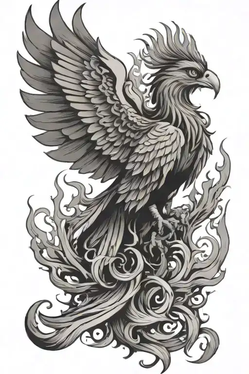 phoenix bird fire on bottom transition to ice halfway up on wings tattoo design idea