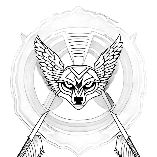 I want a tattoo design. It should have a wolf with angel wings at the top, a spartan helmet and a sword below and a watc tattoo design idea