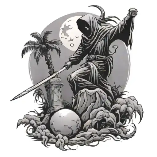 black and gray shading, storm clouds full moon cemetery setting, grim reaper focal, 1 palm tree, scorpion crawling  tattoo design idea