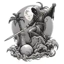 black and gray shading, storm clouds full moon cemetery setting, grim reaper focal, 1 palm tree, scorpion crawling  tattoo design idea