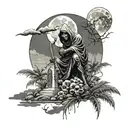black and gray shading, storm clouds full moon cemetery setting, grim reaper focal, 1 palm tree, scorpion crawling  tattoo design idea