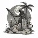 black and gray shading, storm clouds full moon cemetery setting, grim reaper focal, 1 palm tree, scorpion crawling  tattoo design idea