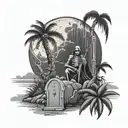 black and gray shading, storm clouds full moon cemetery setting, grim reaper focal, 1 palm tree, scorpion crawling  tattoo design idea