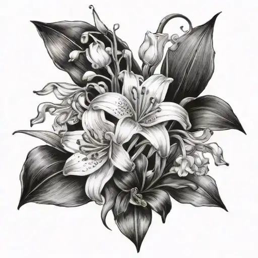 Lily of the valley, gladiolus, water lily, narcissus bouquet tattoo design idea