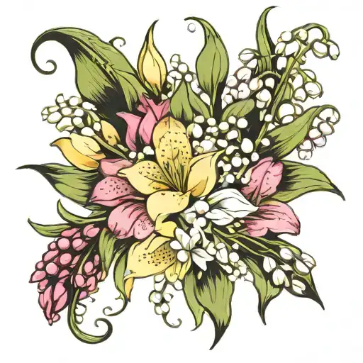 Lily of the valley, gladiolus, water lily, narcissus bouquet tattoo design idea
