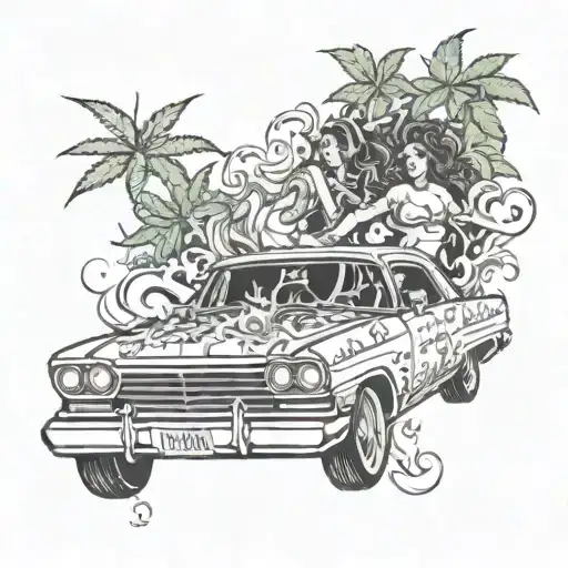 A lowrider car with smoke coming out of the exhaust pipes, surrounded by marijuana leaves and women dancing around it tattoo design idea