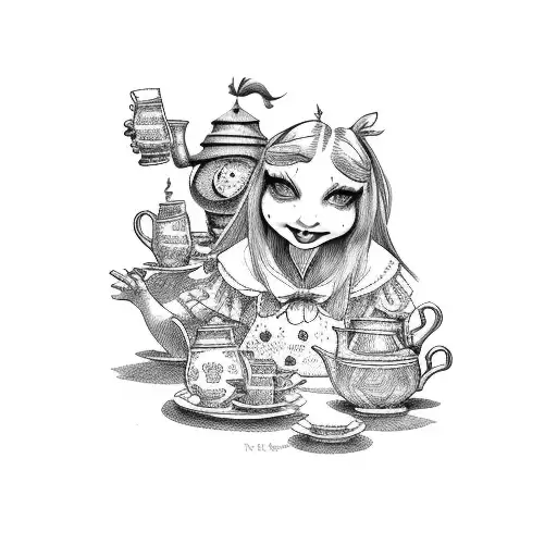 Alice in Wonderland characters having a moonshine tea party tattoo design idea