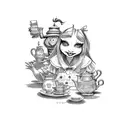 Alice in Wonderland characters having a moonshine tea party tattoo design idea