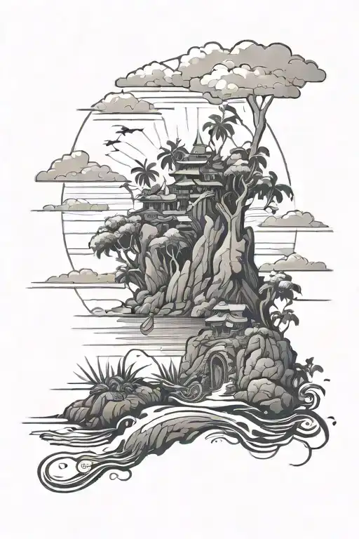 pure hardworking island landscape tattoo design idea