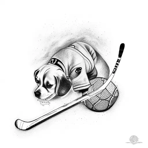 A tattoo of a hockey stick and a dog paw intertwined, symbolizing the client's devotion to both their occupation as a hockey player and their love for dogs. tattoo design idea