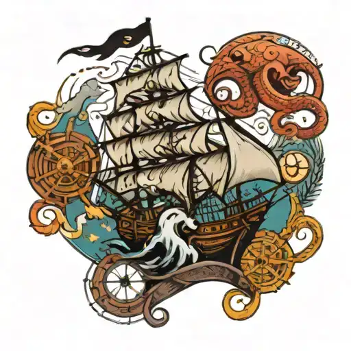 pirate ship with an octopus and compass tattoo design idea