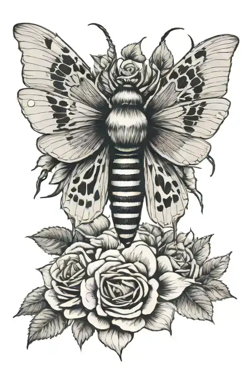 roses blooming deaths head moth tattoo design idea