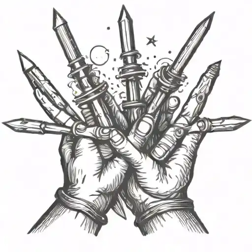 four individual hands each holding up magic wands toward the sky tattoo design idea
