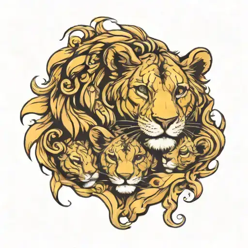 lion hugging 3 baby cubs face only tattoo design idea