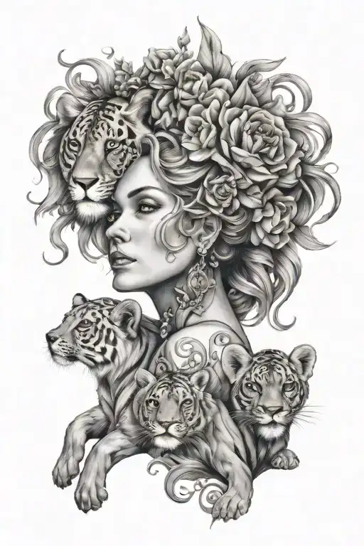 strong mother inspired by 4 children including zodiac signs leo, virgo and aquarius tattoo design idea