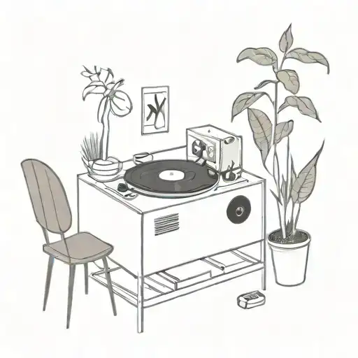 a room, with a table in the middle, a record player on top of it, plants around tattoo design idea