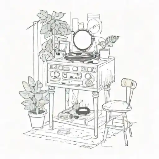 a room, with a table in the middle, a record player on top of it, plants around tattoo design idea