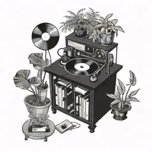 a room, with a table in the middle, a record player on top of it, plants around tattoo design idea