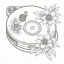 A vinyl record player with intricate floral details tattoo design idea