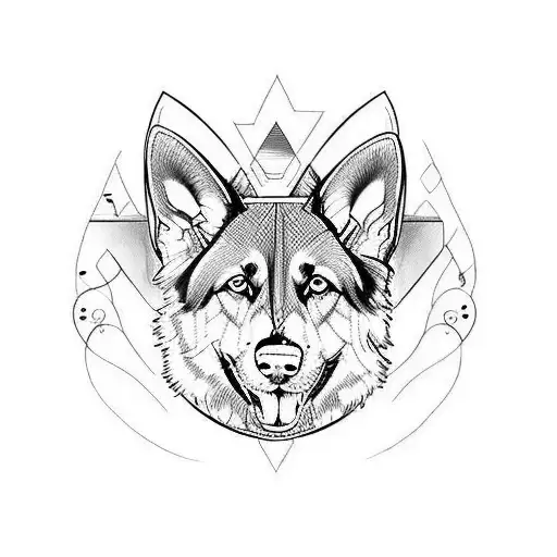 Create a fine line tattoo with elements of A boat A German shepherd  A cat  A fish a fishing rod a flower and music note tattoo design idea