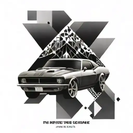 A sleek American muscle car with abstract geometric patterns, reflecting your interest in cars and modern art tattoo design idea
