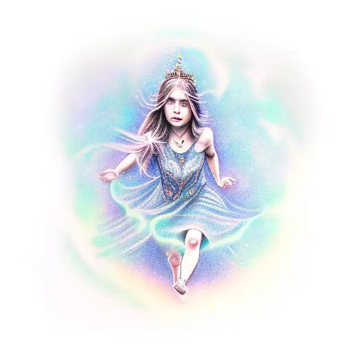 a realistic tattoo with aurora the goddes of the dawn flying in the sky tattoo design idea