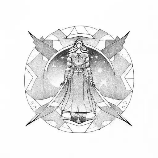 a linear tattoo with aurora the goddes of the dawn flying in the sky tattoo design idea
