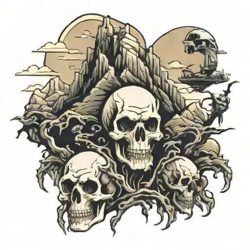 skull mountain with aliens on top  tattoo design idea