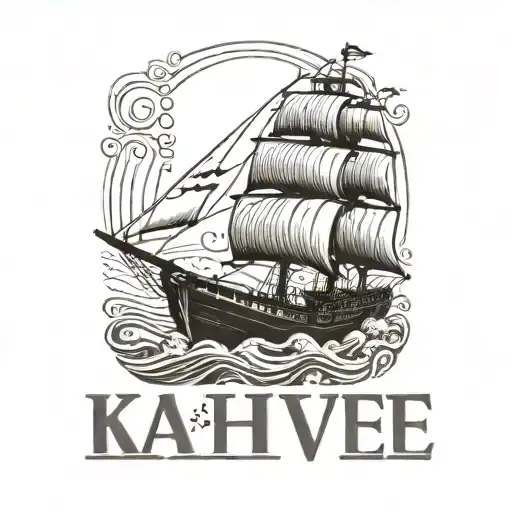 A ship sailing through a sea of coffee beans with the word 'kahve' incorporated into the waves tattoo design idea