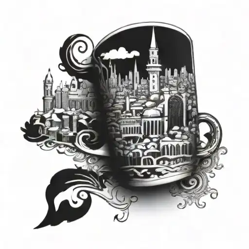 An intricate coffee cup design with the skyline of Istanbul in the background tattoo design idea