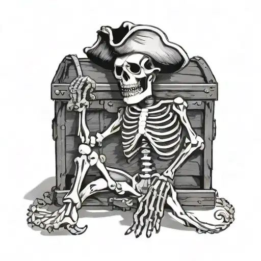 Generate a black and white tattoo design of a pirate skeleton leaning on the outside of an open treasure chest  tattoo design idea