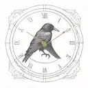 Crow sitting on a wall clock with a pendulum. tattoo design idea