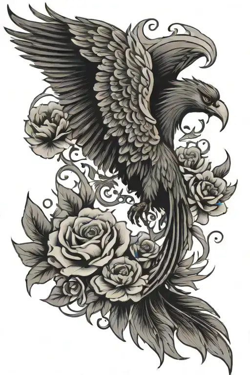 phoenix rising from flowers tattoo design idea