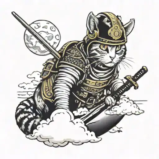 A cat with a helmet and a samurai suit with his katana sitting on clouds and in the background the full moon tattoo design idea