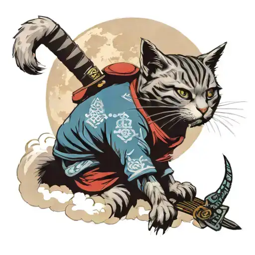 A cat with a helmet and a samurai suit with his katana sitting on clouds and in the background the full moon tattoo design idea