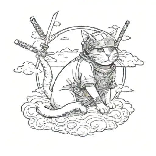 A cat with a helmet and a samurai suit with his katana sitting on clouds and in the background the full moon tattoo design idea