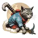 A cat with a helmet and a samurai suit with his katana sitting on clouds and in the background the full moon tattoo design idea