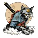 A cat with a helmet and a samurai suit with his katana sitting on clouds and in the background the full moon tattoo design idea