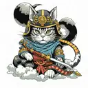A cat with a helmet and a samurai suit with his katana sitting on clouds and in the background the full moon tattoo design idea