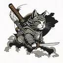 A cat with a helmet and a samurai suit with his katana sitting on clouds and in the background the full moon tattoo design idea