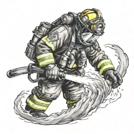 A firefighter battling a massive aircraft fire with a hose tattoo design idea