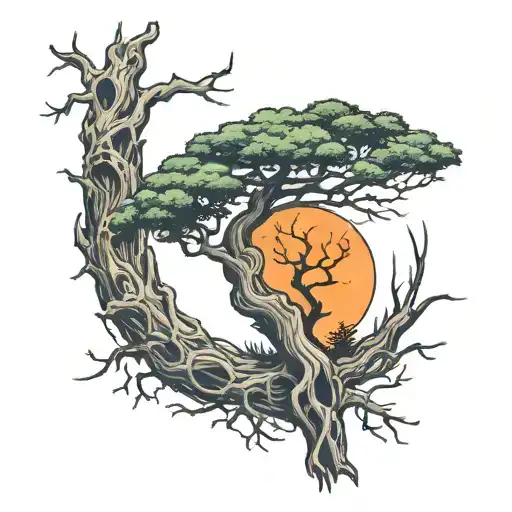 tree half alive half dead tree tattoo design idea