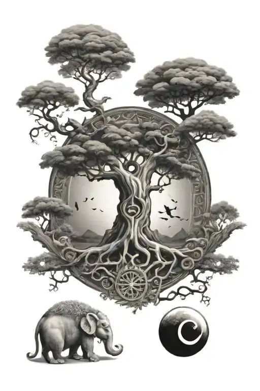 tree of Life with tao Symbol at Base planets in crown and Monkeys and other animals along the tree tattoo design idea