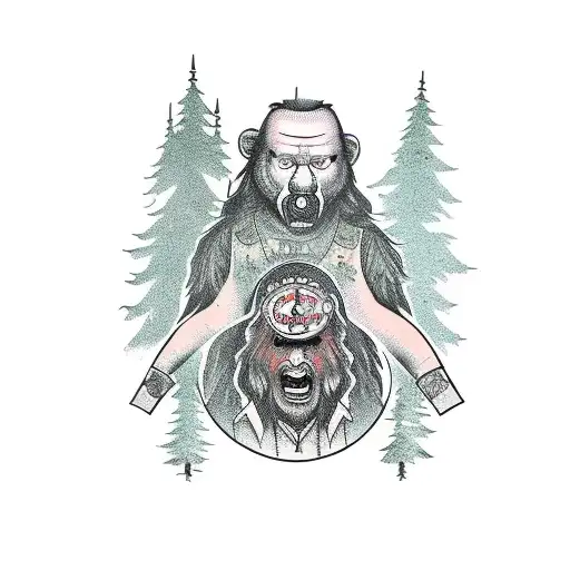 Baba Yaga in the middle, in the forest, flanked by two bears, looking into the middle, one good, the other evil tattoo design idea