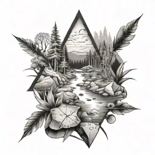 Nature-inspired creek scene with arrowheads scattered in the water tattoo design idea